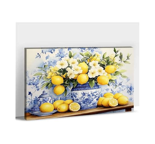 UZMKM Farmhouse Kitchen Decor, Rustic Flower Kitchen Wall Art, Yellow Floral And Lemon Painting Picture Canvas Print Country Farmhouse Wall Decor