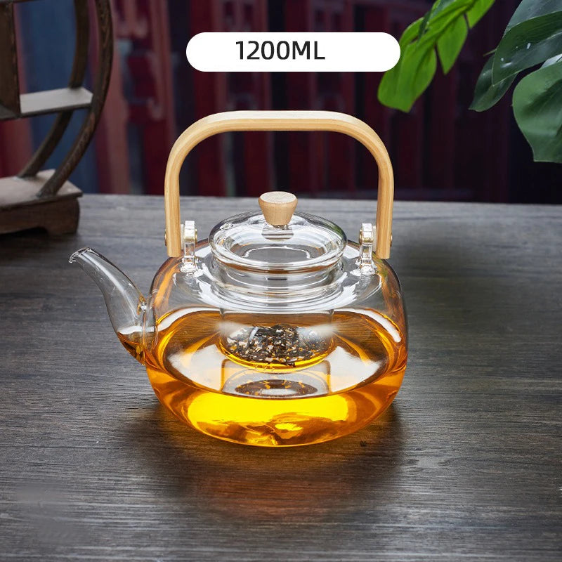 1000/1200ml Teapot High Borosilicate Glass Chinese Tea Ceremony Clear Teapot with Filter Wood Handle for Electric Ceramic Stove