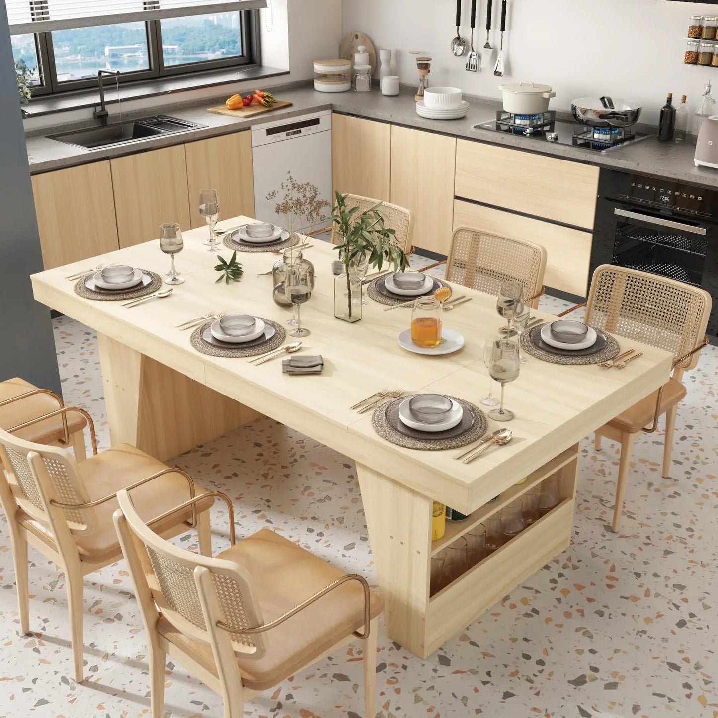 WOODTIME 81.5" W Dining Table with V-Shaped Base for 8-10 People, Modern Wooden Dinner Table for Dining Room Kitchen, Oak