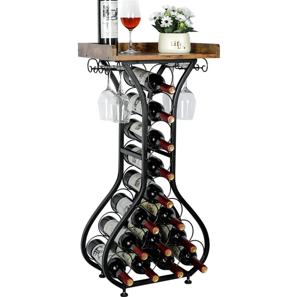X-Cosrack Wine Rack Freestanding Floor, Mini Bar Table Wine Holder Stand Liquor Cabinet With Glass Holder Wood Tabletop 14 Bottles Floor Wine Storage
