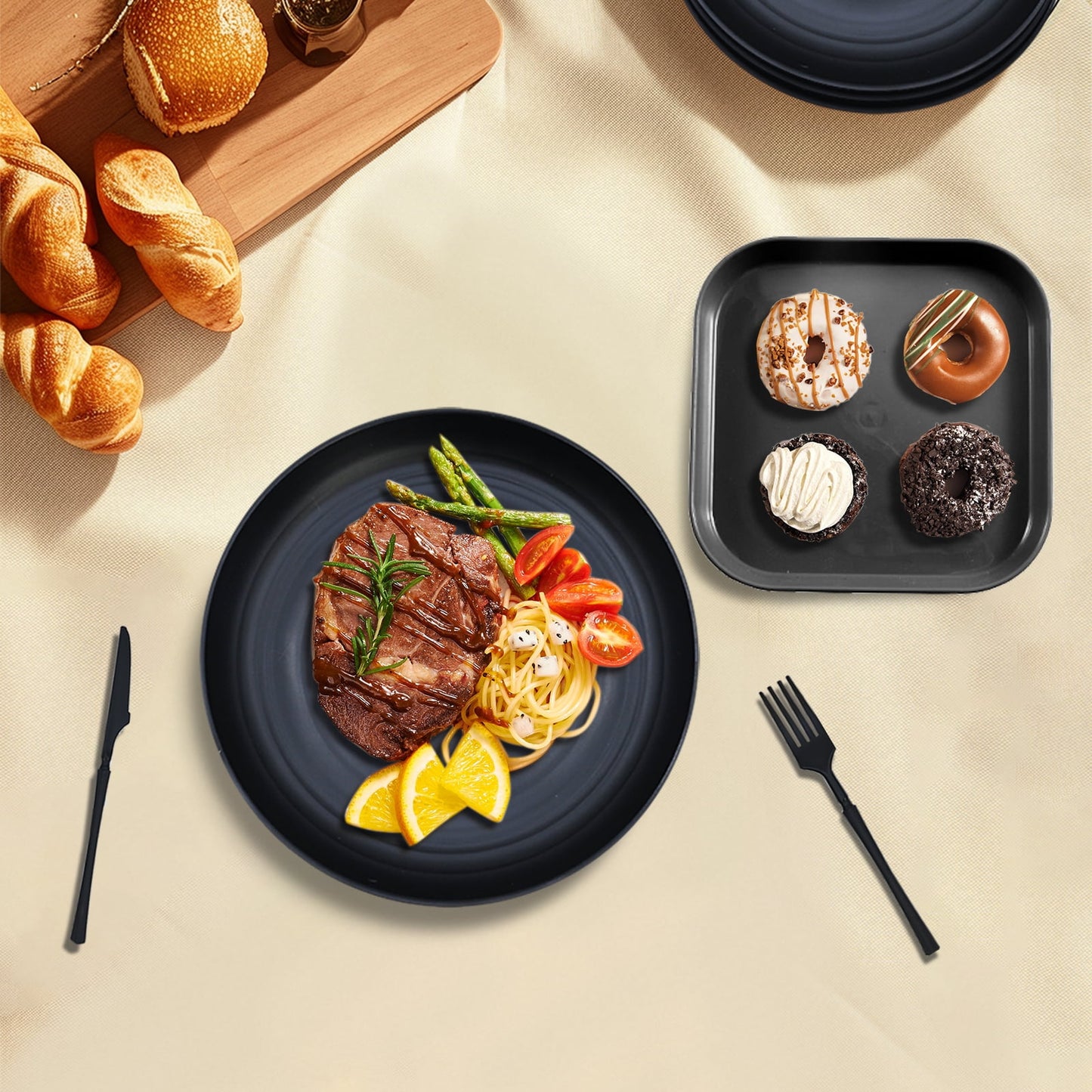 Soulgenix Wheat Straw Dinnerware Sets, 48 Pcs Unbreakable Dinnerware Sets for 4, Microwave Dishwasher Safe, Black