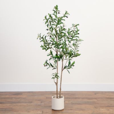Nearly Natural 5' Artificial Minimalist Olive Tree in White Decorative Planter