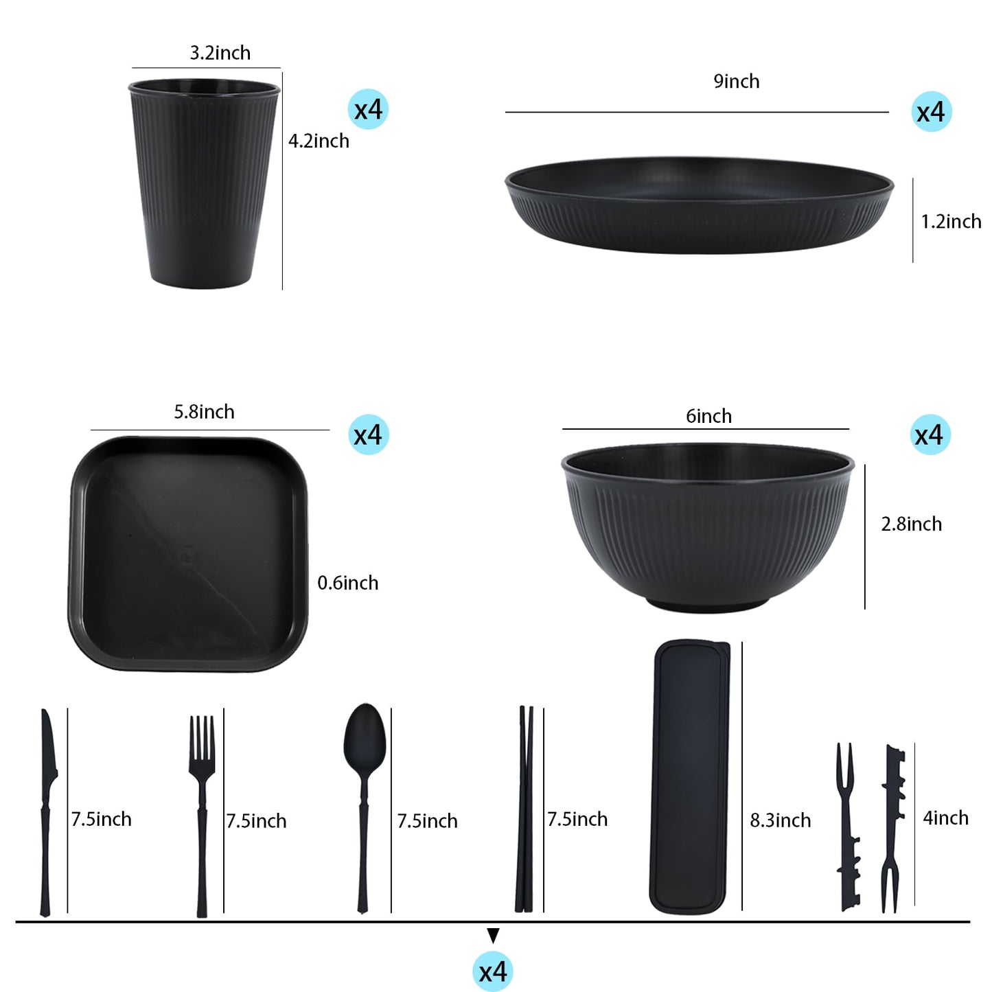 Soulgenix Wheat Straw Dinnerware Sets, 48 Pcs Unbreakable Dinnerware Sets for 4, Microwave Dishwasher Safe, Black
