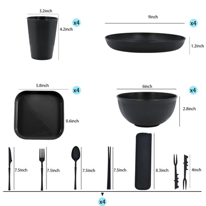 Soulgenix Wheat Straw Dinnerware Sets, 48 Pcs Unbreakable Dinnerware Sets for 4, Microwave Dishwasher Safe, Black