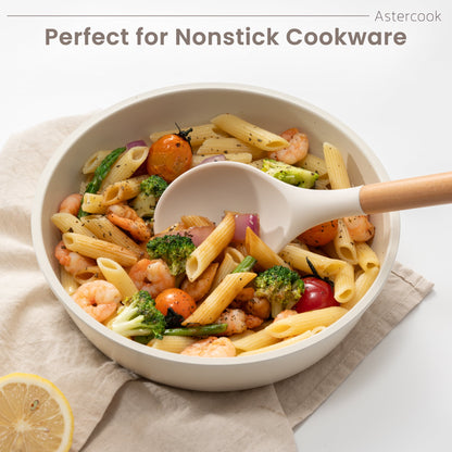 Astercook Silicone Cooking Utensils Set, 38 PCS Kitchen Utensils Set for 446°F Heat Resistant, Food Grade Utensil Sets with Wooden Handle, Kitchen Gadgets for Nonstick Cookware BPA Free (White)