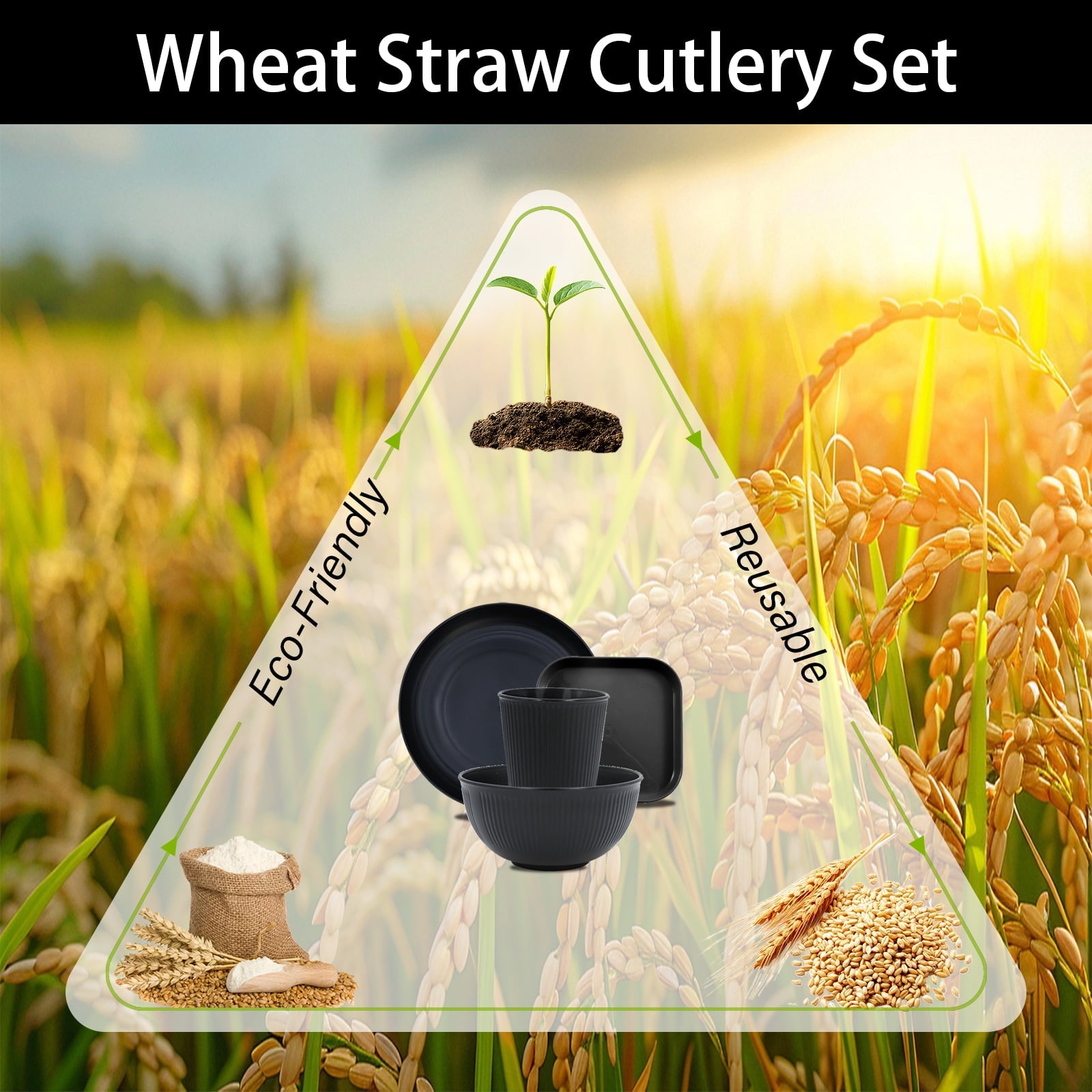 Soulgenix Wheat Straw Dinnerware Sets, 48 Pcs Unbreakable Dinnerware Sets for 4, Microwave Dishwasher Safe, Black