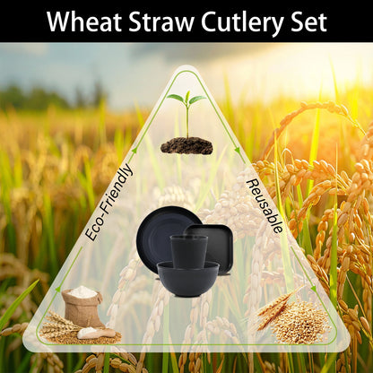 Soulgenix Wheat Straw Dinnerware Sets, 48 Pcs Unbreakable Dinnerware Sets for 4, Microwave Dishwasher Safe, Black