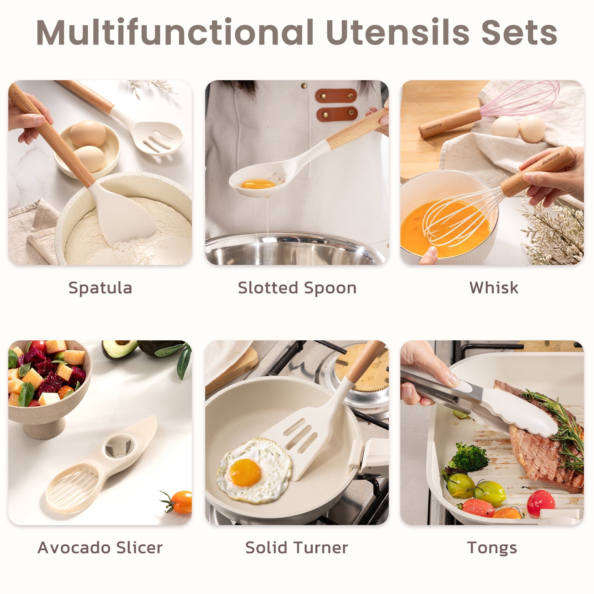 Astercook Silicone Cooking Utensils Set, 38 PCS Kitchen Utensils Set for 446°F Heat Resistant, Food Grade Utensil Sets with Wooden Handle, Kitchen Gadgets for Nonstick Cookware BPA Free (White)