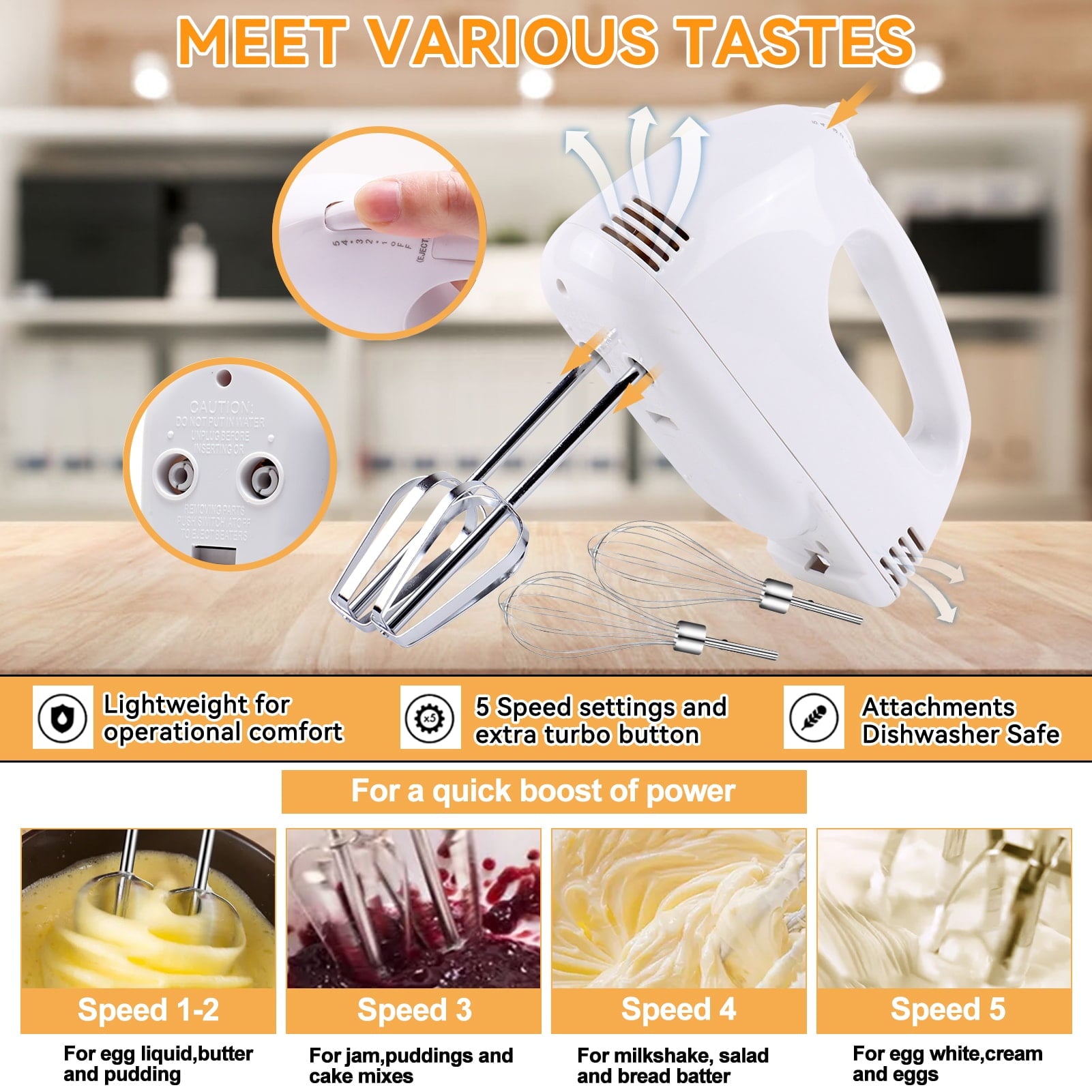 KOSBON Electric Hand Mixer Mixing Bowls Set, Upgrade 5-Speeds Mixers with Silver Nesting Stainless Steel Mixing Bowl, Measuring Cups and Spoons Whisk Blender - Baking Supplies for Cooking
