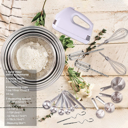 KOSBON Electric Hand Mixer Mixing Bowls Set, Upgrade 5-Speeds Mixers with Silver Nesting Stainless Steel Mixing Bowl, Measuring Cups and Spoons Whisk Blender - Baking Supplies for Cooking