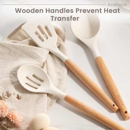 Astercook Silicone Cooking Utensils Set, 38 PCS Kitchen Utensils Set for 446°F Heat Resistant, Food Grade Utensil Sets with Wooden Handle, Kitchen Gadgets for Nonstick Cookware BPA Free (White)