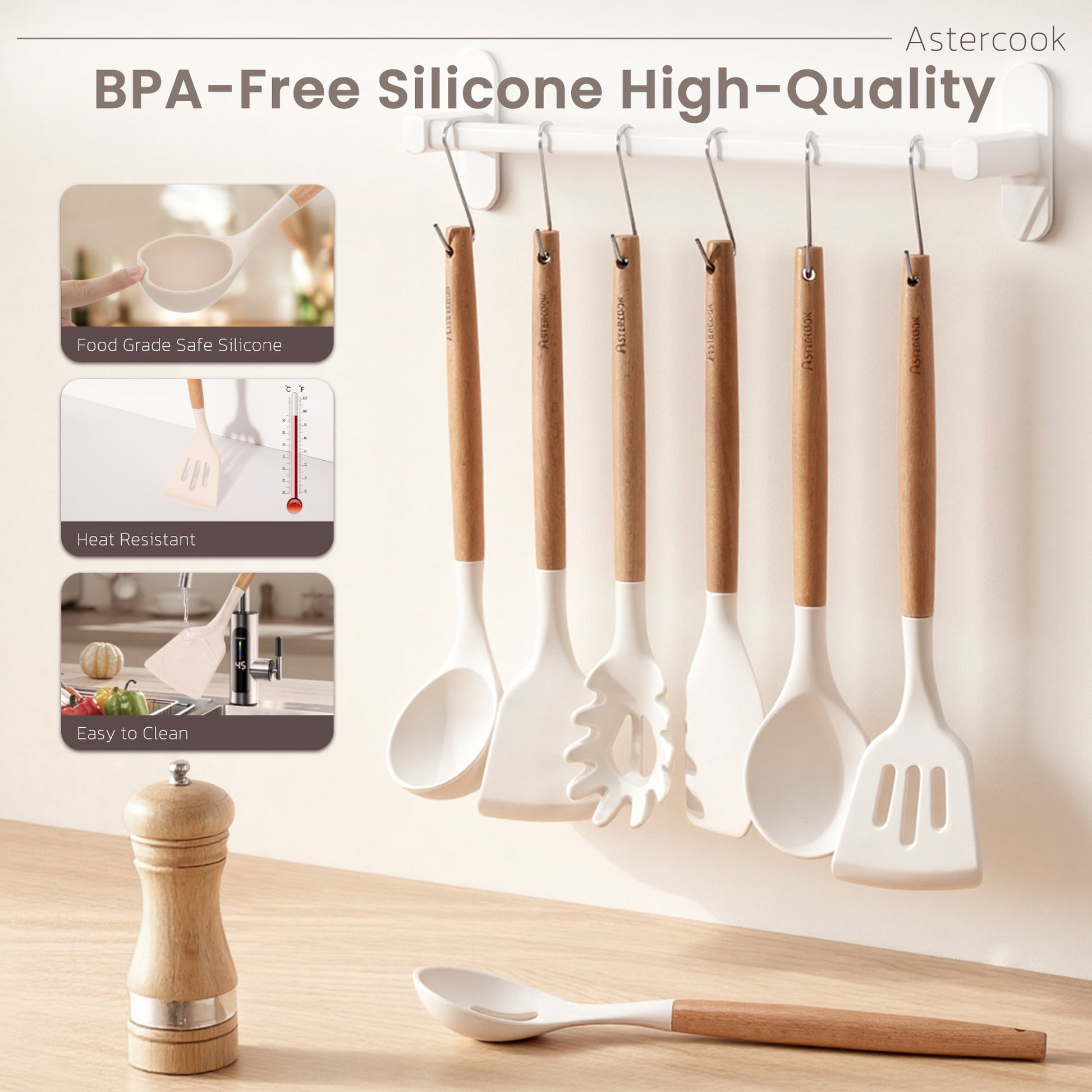 Astercook Silicone Cooking Utensils Set, 38 PCS Kitchen Utensils Set for 446°F Heat Resistant, Food Grade Utensil Sets with Wooden Handle, Kitchen Gadgets for Nonstick Cookware BPA Free (White)