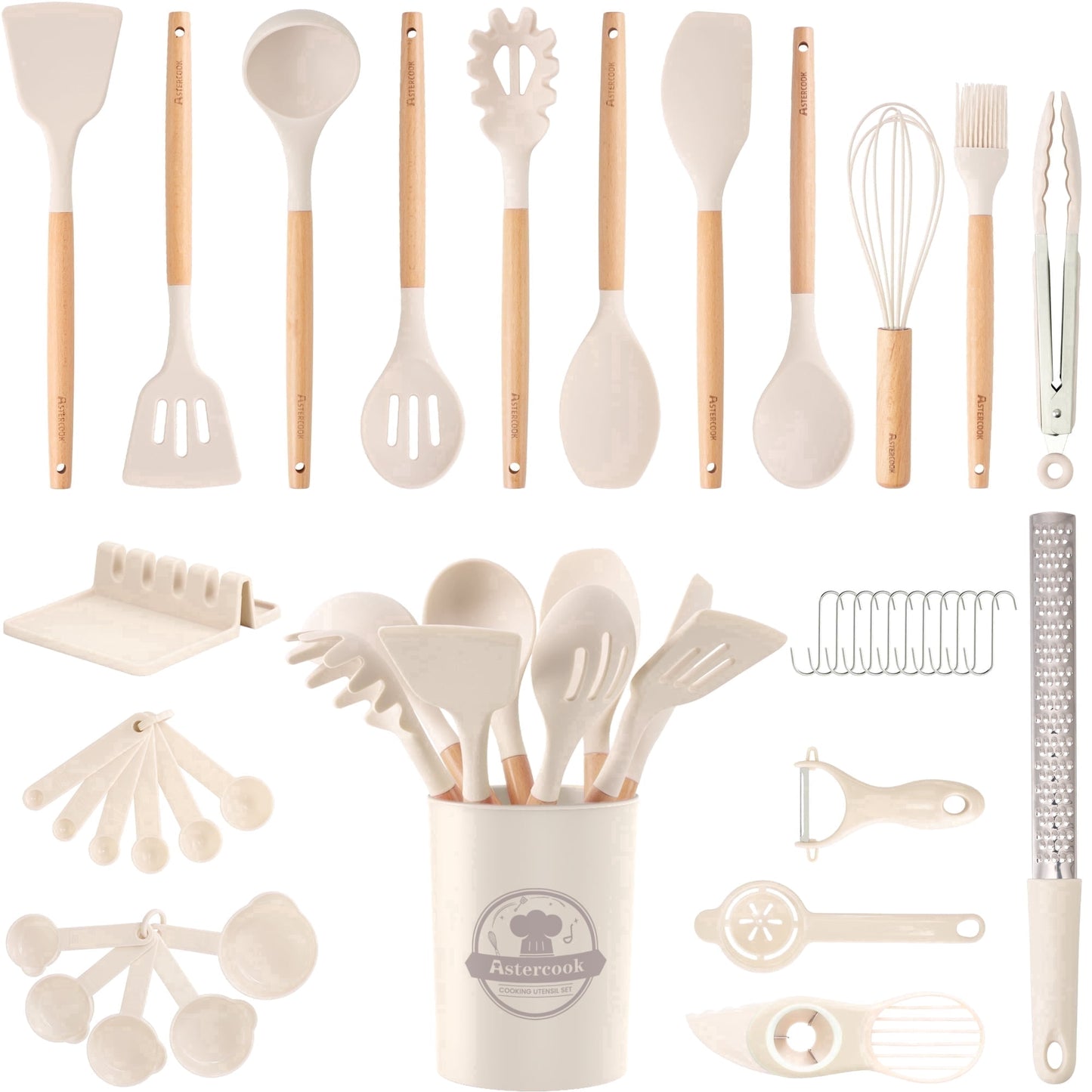 Astercook Silicone Cooking Utensils Set, 38 PCS Kitchen Utensils Set for 446°F Heat Resistant, Food Grade Utensil Sets with Wooden Handle, Kitchen Gadgets for Nonstick Cookware BPA Free (White)
