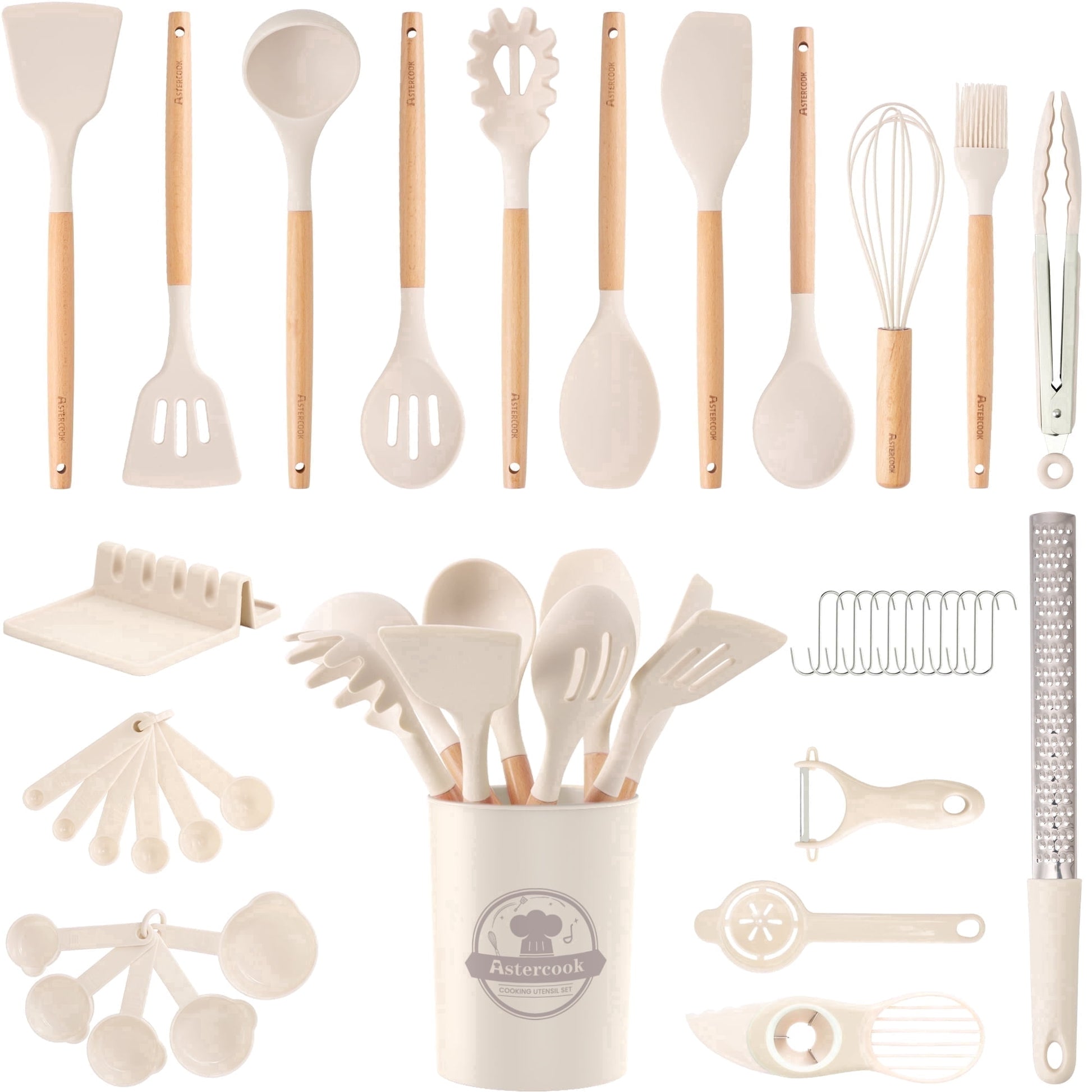 Astercook Silicone Cooking Utensils Set, 38 PCS Kitchen Utensils Set for 446°F Heat Resistant, Food Grade Utensil Sets with Wooden Handle, Kitchen Gadgets for Nonstick Cookware BPA Free (White)