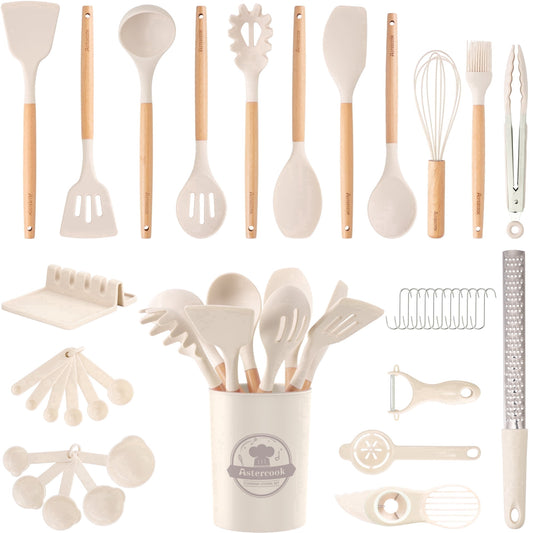 Astercook Silicone Cooking Utensils Set, 38 PCS Kitchen Utensils Set for 446°F Heat Resistant, Food Grade Utensil Sets with Wooden Handle, Kitchen Gadgets for Nonstick Cookware BPA Free (White)