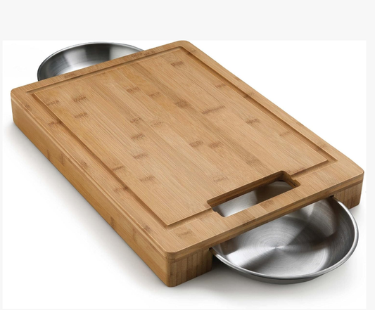 Bamboo Cutting Board with Stainless Steel Bowls Charcuterie Board Set with 3 Bowls & Utensils