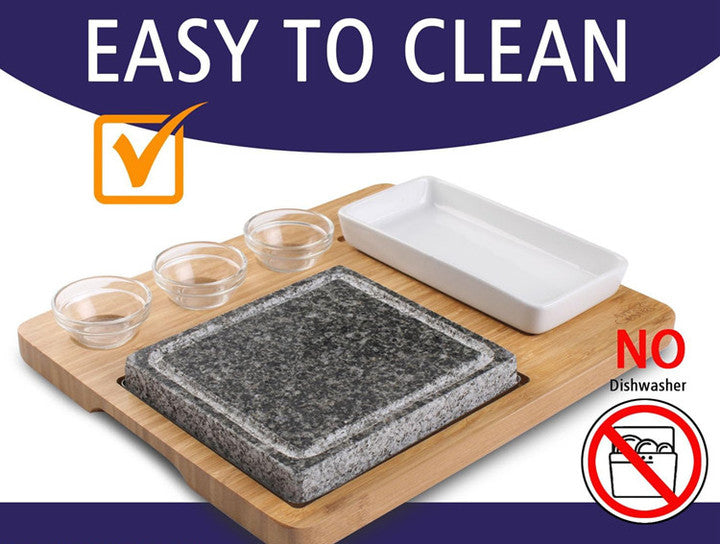 Hot Lava Stone Steak Plate Sizzling Rock Stone Indoor Bbq Grill Granite Stone Cooking Set With Bamboo Platter and Bowl