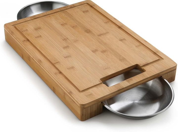 Bamboo Cutting Board with Stainless Steel Bowls Charcuterie Board Set with 3 Bowls & Utensils