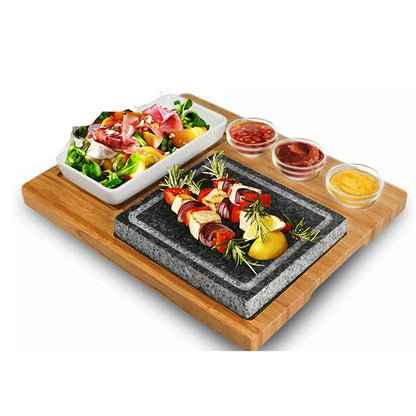Hot Lava Stone Steak Plate Sizzling Rock Stone Indoor Bbq Grill Granite Stone Cooking Set With Bamboo Platter and Bowl