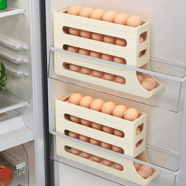4 Tiers Auto-Rolling Egg Holder 30-Egg Capacity Kitchen Storage Dispenser Space-Saving Fridge Organizer for Home Use
