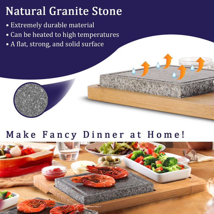 Hot Lava Stone Steak Plate Sizzling Rock Stone Indoor Bbq Grill Granite Stone Cooking Set With Bamboo Platter and Bowl