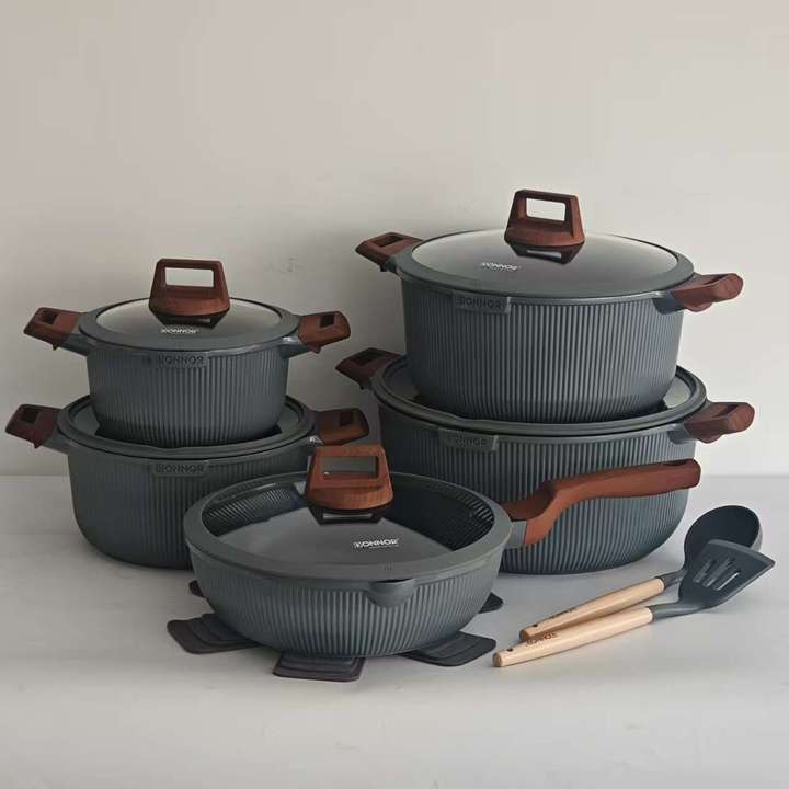 Ready Ship 15pcs Classic High Quality Heavy Duty Granite Casserole Cooking Pots Durable Die Casting Aluminum Non-Stick Metal