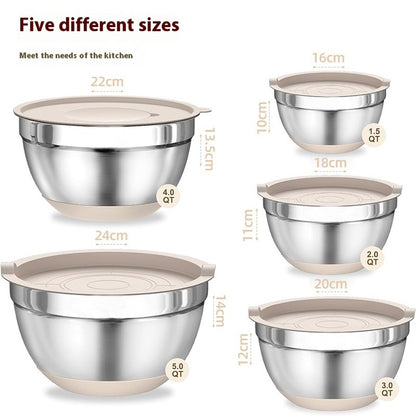 Five-Piece 304 Stainless Steel Cooking Bowl Set Thickened Egg Beating Salad Graduated Vegetable Washing Baking Tools