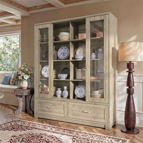 74" Tall Glass Door Storage Cabinet, China Hutch Pantry Buffet Cabinet For Living Room Or Kitchen