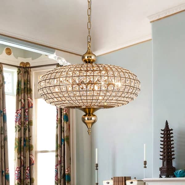 Retro French 4/5-Light Antique Brass Globe Crystal Chandelier for Living/Dining Room - Antique Brass - 5-Light W20.5" x H18.9