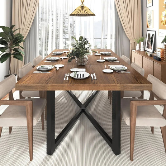 71" Farmhouse Solid Wood Dining Table for 4 6 8 People, Rustic Large Wooden Kitchen Table Rectangular Hardwood Top with Steel Le