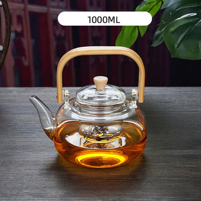 1000/1200ml Teapot High Borosilicate Glass Chinese Tea Ceremony Clear Teapot with Filter Wood Handle for Electric Ceramic Stove