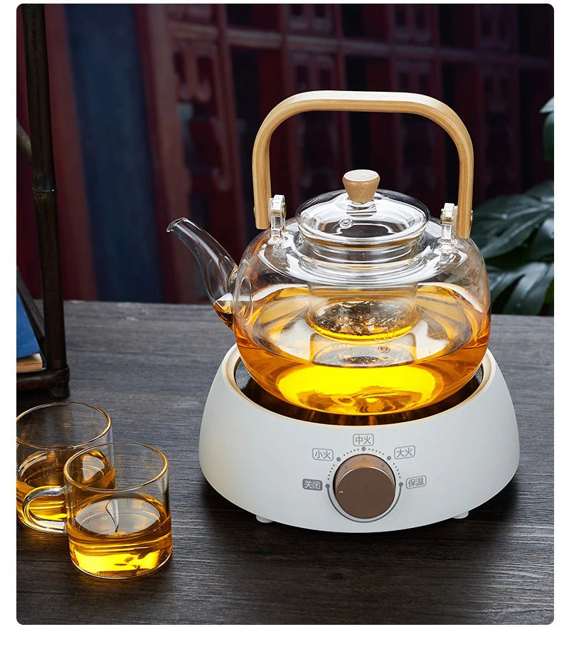 1000/1200ml Teapot High Borosilicate Glass Chinese Tea Ceremony Clear Teapot with Filter Wood Handle for Electric Ceramic Stove