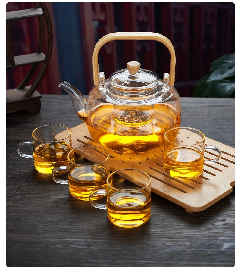 1000/1200ml Teapot High Borosilicate Glass Chinese Tea Ceremony Clear Teapot with Filter Wood Handle for Electric Ceramic Stove