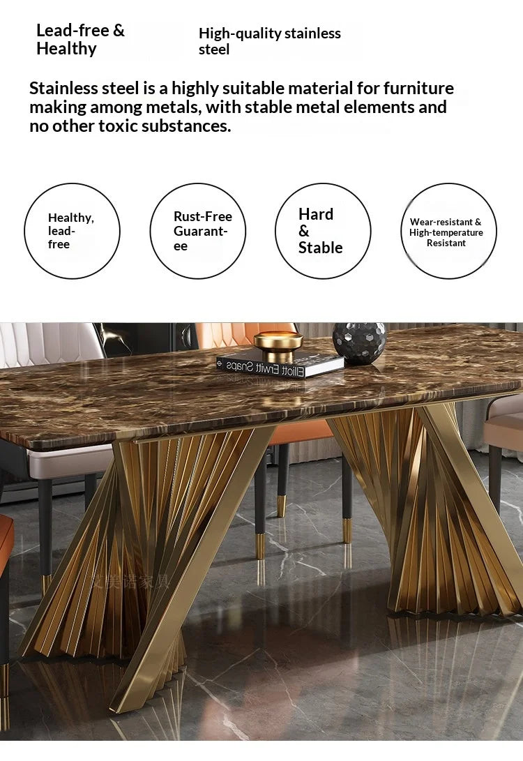 Marble Dining Table with Gold Metal Frame, Elegant Household Furniture for Dining Room & Guest Room.