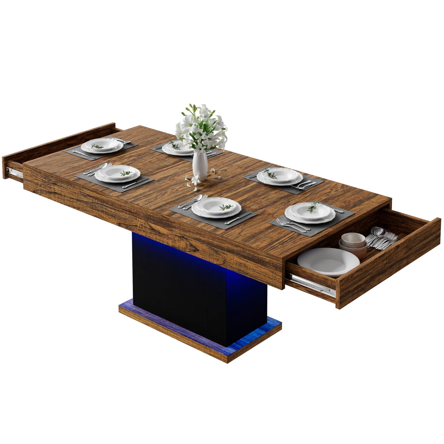 Bigbiglife 55" LED Dining Table with 2 Drawers,Wood Pedestal Base Kitchen Table for 4-6 People