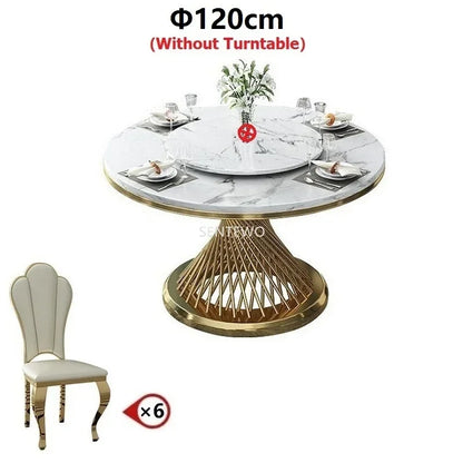 Designer Luxury round dinning Marble Rock Slab dining table set 6 chairs mesa comedor sillas furniture Stainless steel gold base