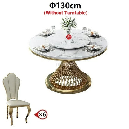 Designer Luxury round dinning Marble Rock Slab dining table set 6 chairs mesa comedor sillas furniture Stainless steel gold base