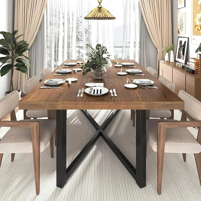 71" Farmhouse Solid Wood Dining Table for 4 6 8 People, Rustic Large Wooden Kitchen Table Rectangular Hardwood Top with Steel Le