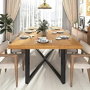 71" Farmhouse Solid Wood Dining Table for 4 6 8 People, Rustic Large Wooden Kitchen Table Rectangular Hardwood Top with Steel Le