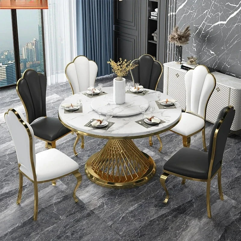 Designer Luxury round dinning Marble Rock Slab dining table set 6 chairs mesa comedor sillas furniture Stainless steel gold base