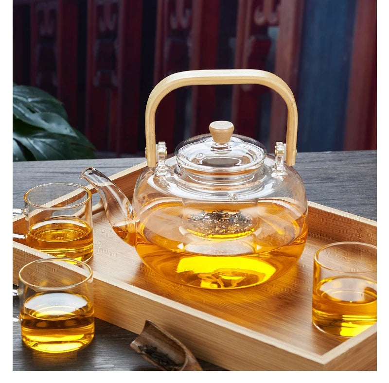 1000/1200ml Teapot High Borosilicate Glass Chinese Tea Ceremony Clear Teapot with Filter Wood Handle for Electric Ceramic Stove