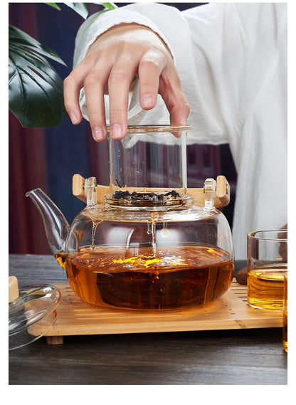 1000/1200ml Teapot High Borosilicate Glass Chinese Tea Ceremony Clear Teapot with Filter Wood Handle for Electric Ceramic Stove