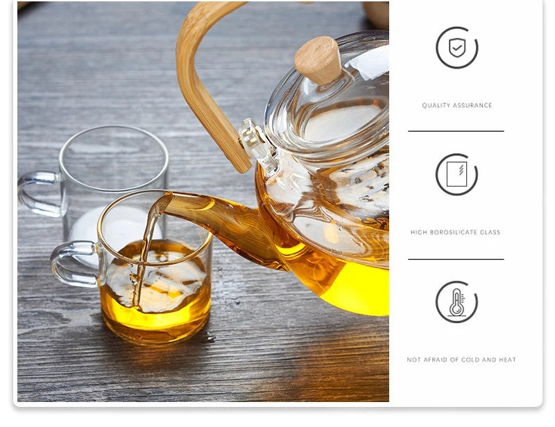 1000/1200ml Teapot High Borosilicate Glass Chinese Tea Ceremony Clear Teapot with Filter Wood Handle for Electric Ceramic Stove