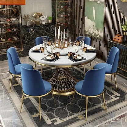 Designer Luxury round dinning Marble Rock Slab dining table set 6 chairs mesa comedor sillas furniture Stainless steel gold base