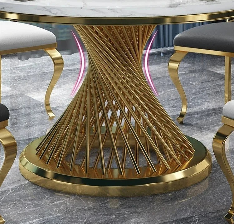 Designer Luxury round dinning Marble Rock Slab dining table set 6 chairs mesa comedor sillas furniture Stainless steel gold base