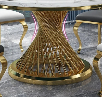 Designer Luxury round dinning Marble Rock Slab dining table set 6 chairs mesa comedor sillas furniture Stainless steel gold base