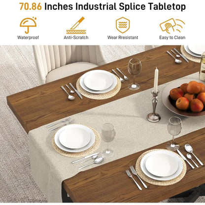71" Farmhouse Solid Wood Dining Table for 4 6 8 People, Rustic Large Wooden Kitchen Table Rectangular Hardwood Top with Steel Le