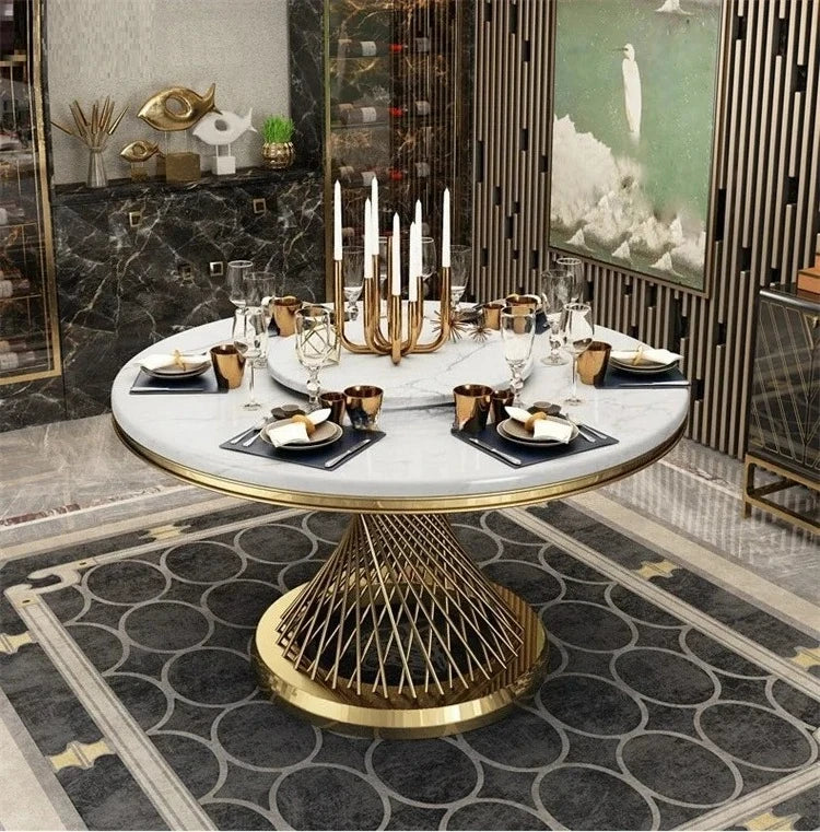 Designer Luxury round dinning Marble Rock Slab dining table set 6 chairs mesa comedor sillas furniture Stainless steel gold base