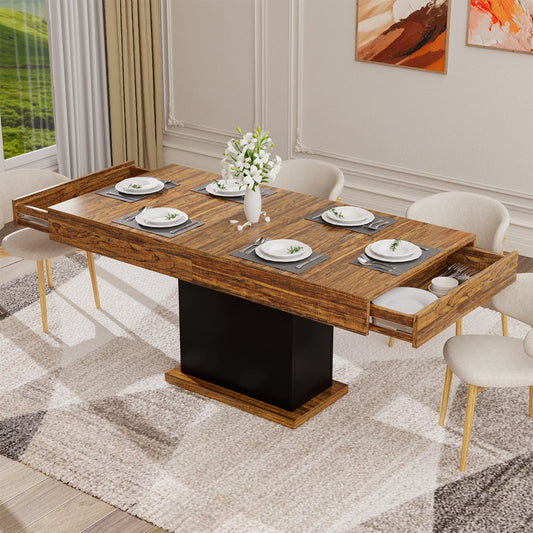 Bigbiglife 55" LED Dining Table with 2 Drawers,Wood Pedestal Base Kitchen Table for 4-6 People