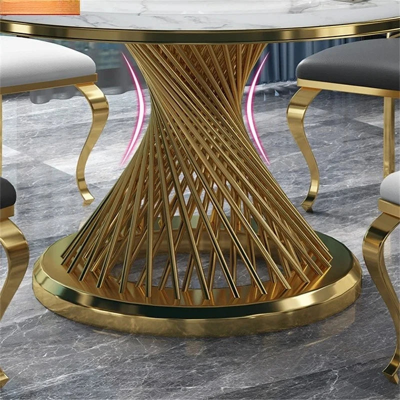 Designer Luxury round dinning Marble Rock Slab dining table set 6 chairs mesa comedor sillas furniture Stainless steel gold base